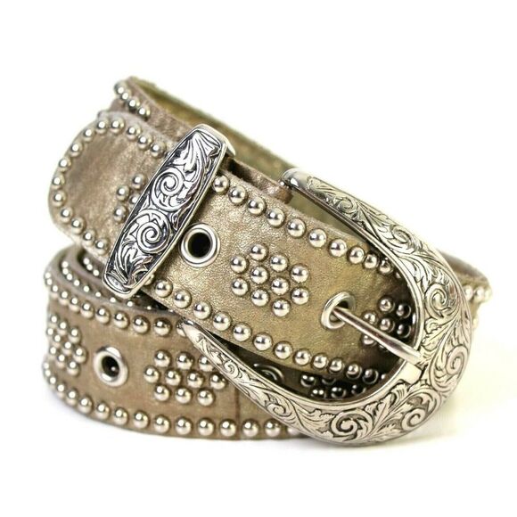 GOLD GENUINE LEATHER 1.5"Wd SILVER STUDDED CASUAL DRESS WOMEN'S BELT Sz M (T37 - Picture 1 of 6